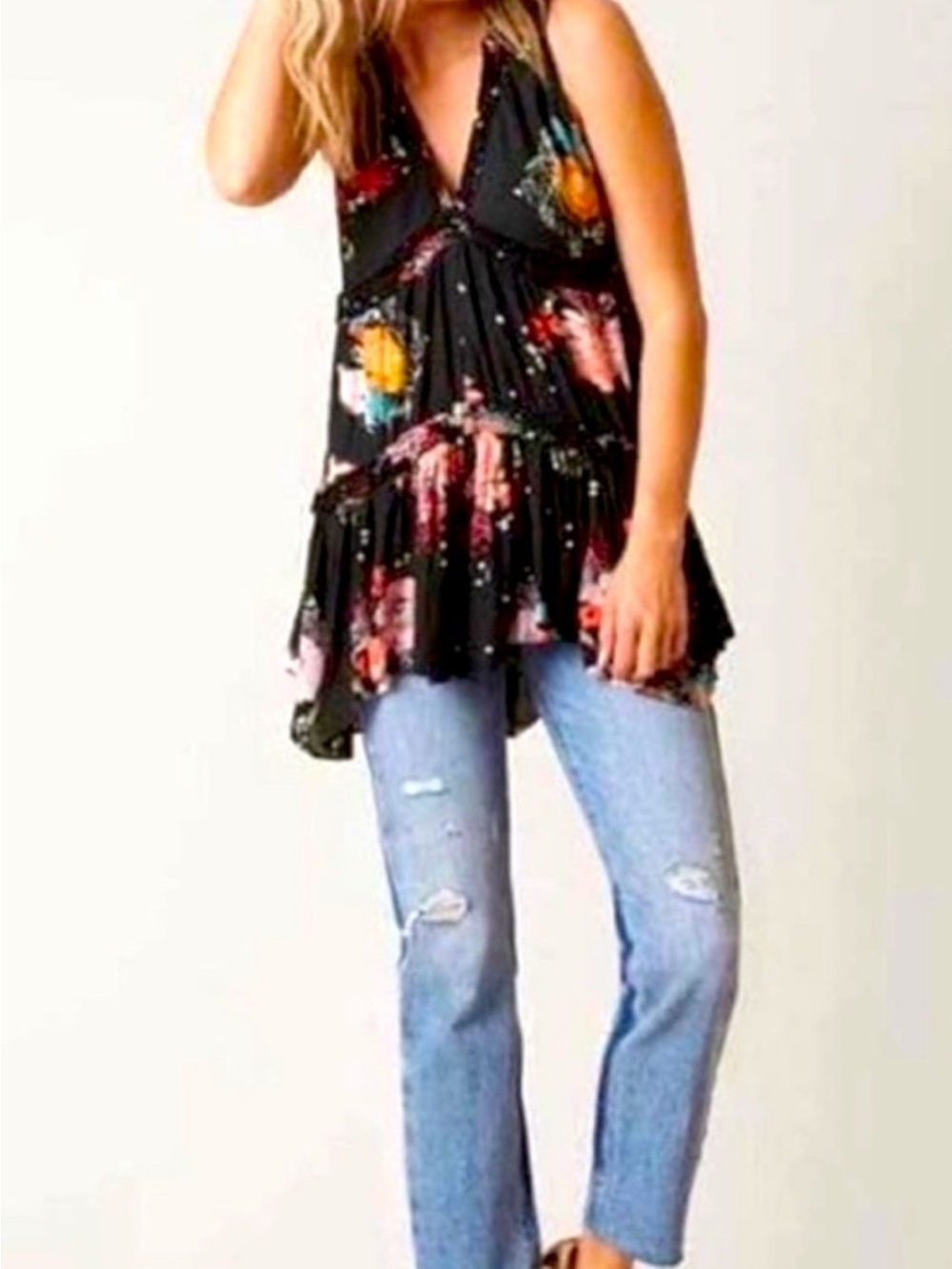 FREE PEOPLE Haze Black Floral Sleeveless V-Neck Tunic Tank Dress